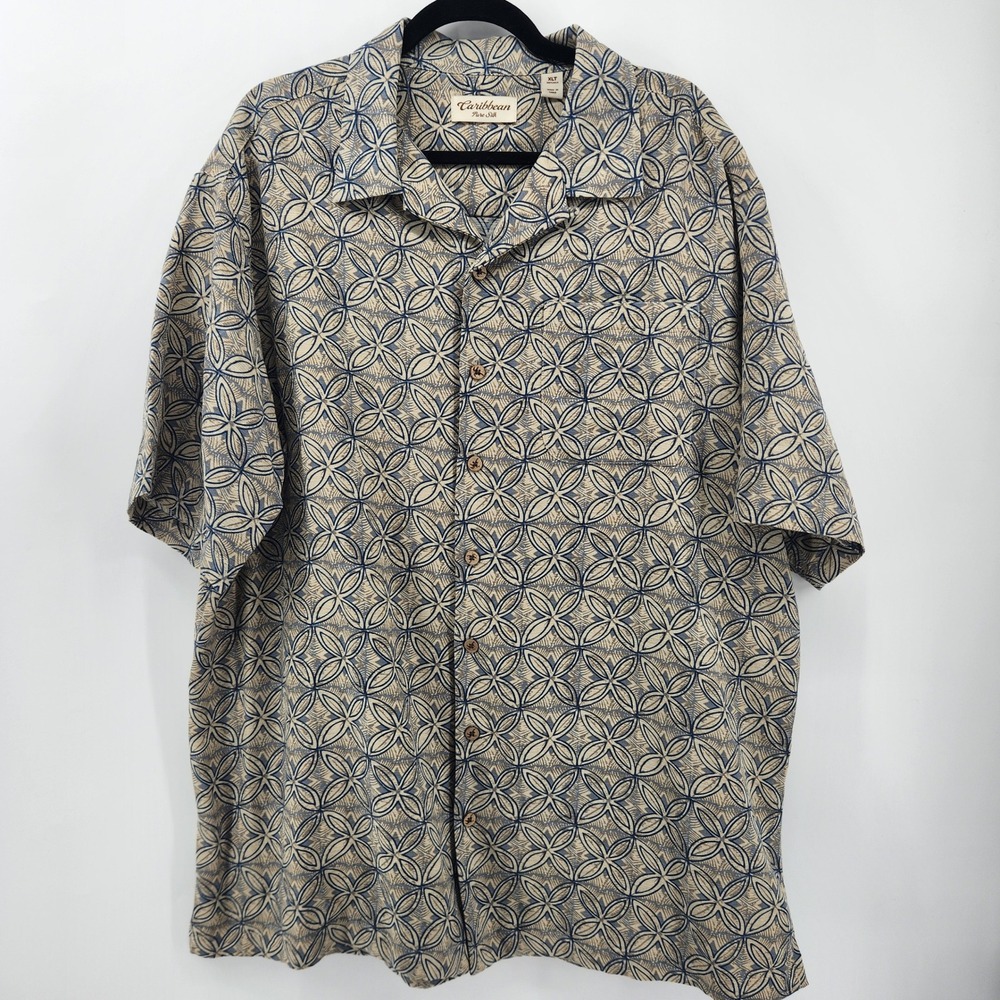 Caribbean Pure Silk Button Down Shirt - Men's‎ XLT Beige Blue Geometric